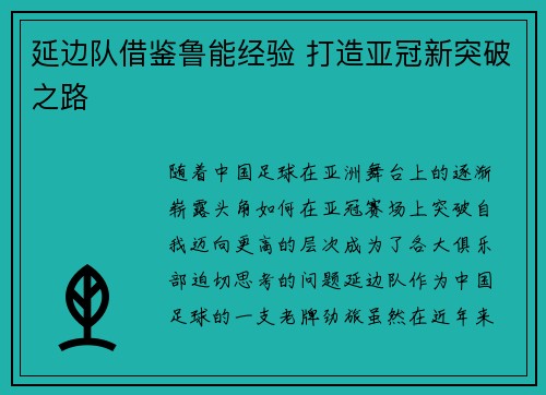 延边队借鉴鲁能经验 打造亚冠新突破之路