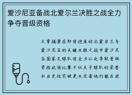 爱沙尼亚备战北爱尔兰决胜之战全力争夺晋级资格